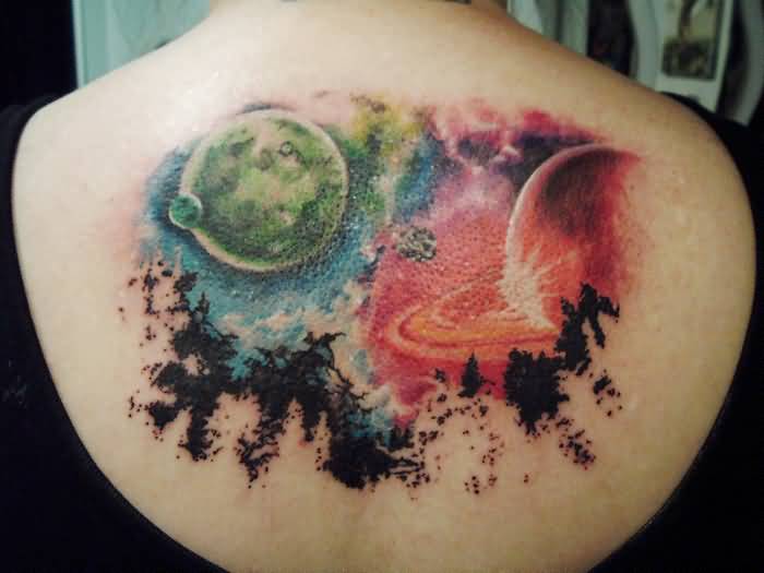 Colored Space Tattoo On Upper Back