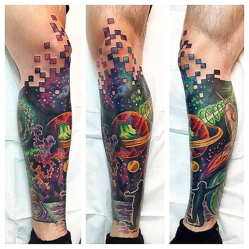 Colored Space Tattoos On Leg