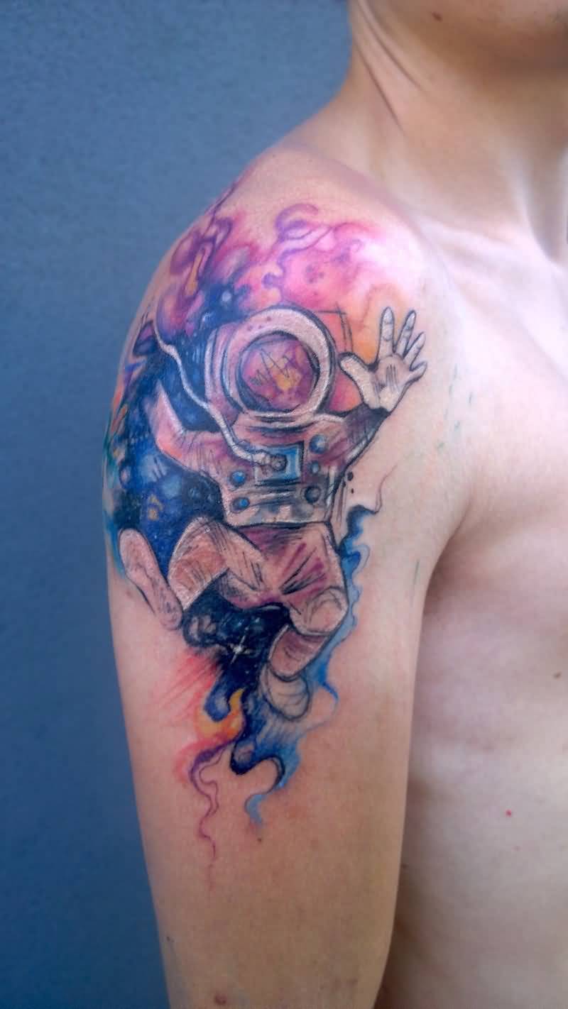 Colorful Astronaut Tattoo On Shoulder by Sophiaviolette