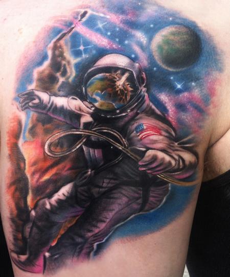 Colorful Astronaut Tattoo On Shoulder