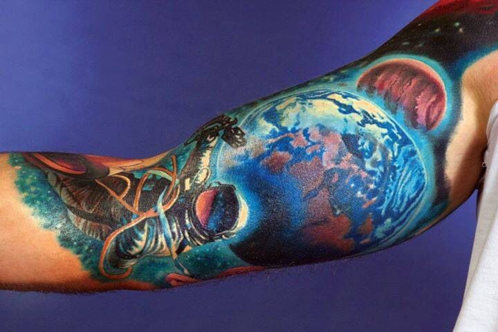 Colorful Space And Astronaut Tattoo On Half Sleeve