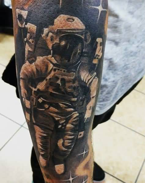Dark Ink Astronaut Tattoo On Arm Sleeve