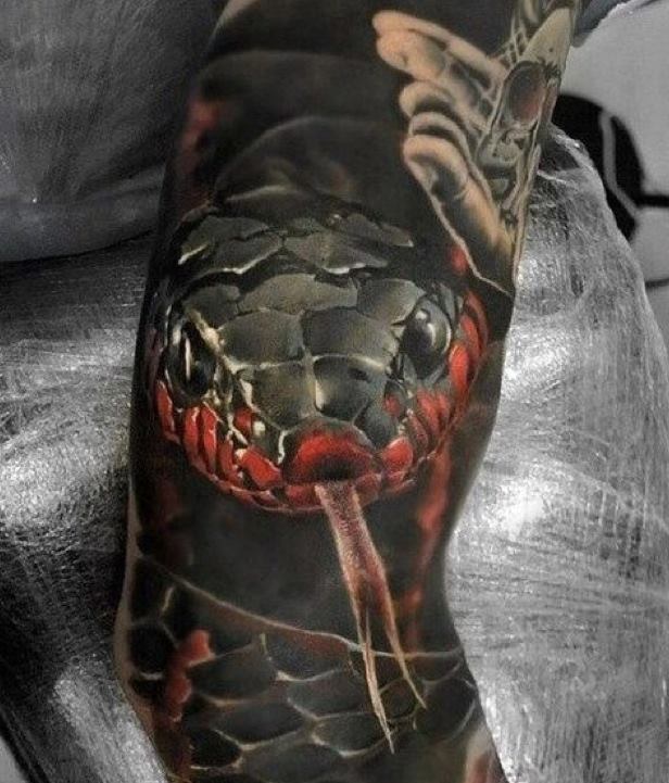 Dark Ink Scary Snake Tattoo On Sleeve
