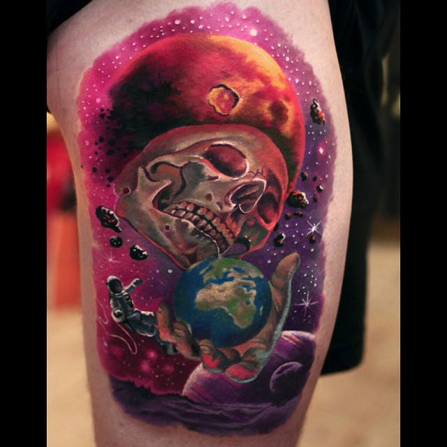 Death Impact Space Tattoo On Leg