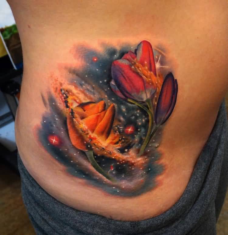Flower And Space Tattoo On Side Rib