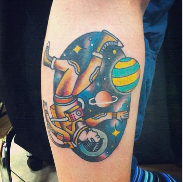 Flying Astronaut Tattoo On Leg
