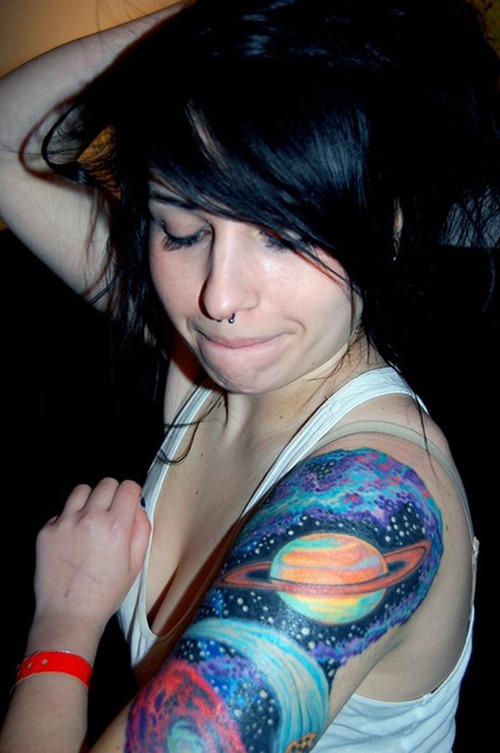 Girl Left Half Sleeve Color Ink Space Tattoo