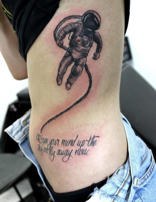 Girl Left Side Rib Astronaut Tattoo