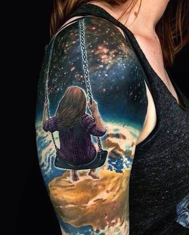 Girl Swinging In Space Tattoo On Right Half Sleeve