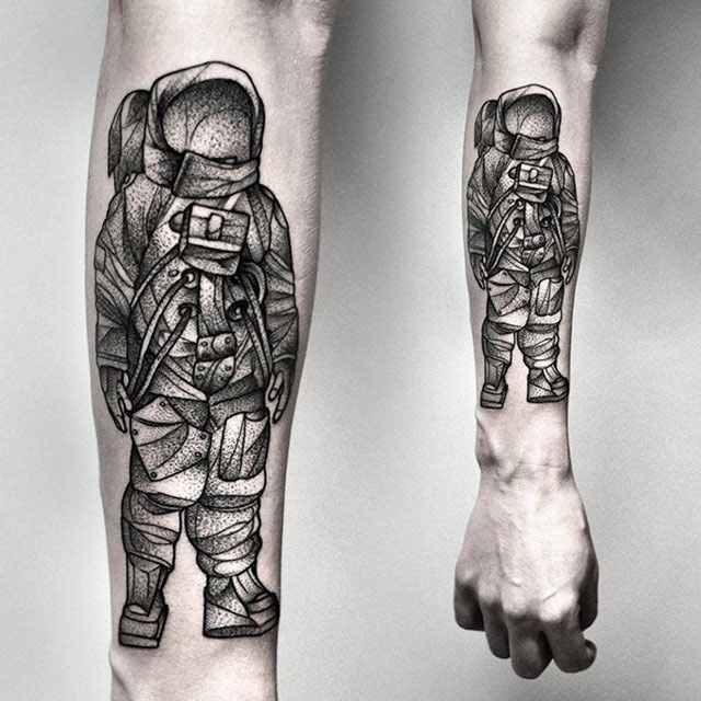 Grey Dotwork Astronaut Tattoo On Right Arm