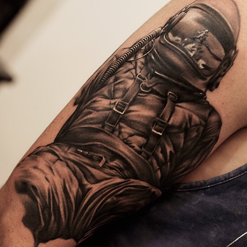 Grey Ink Astronaut Tattoo On Full Sleeve