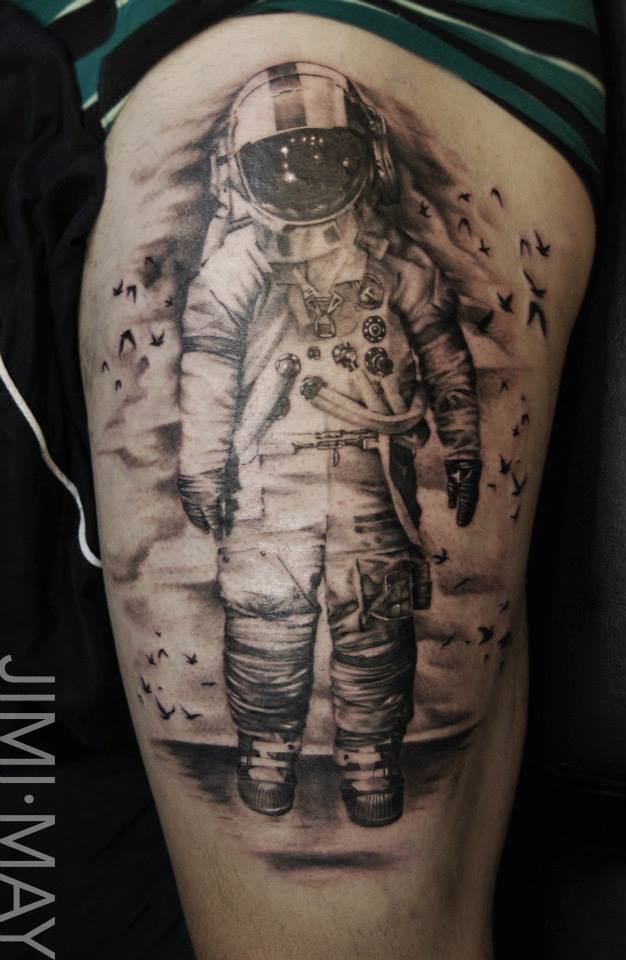 Grey Ink Astronaut Tattoo On Leg