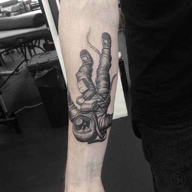 Grey Ink Astronaut Tattoo On Man Right Forearm