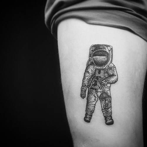 Grey Ink Astronaut Tattoo On Thigh