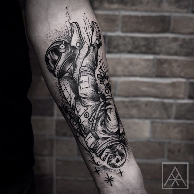 Grey Ink Dotwork Astronaut Tattoo On Left Forearm