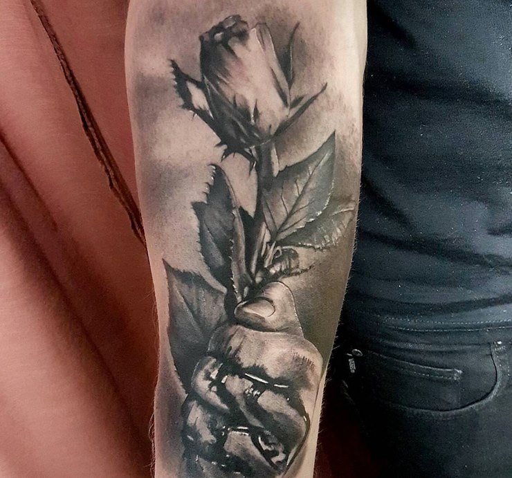 Grey Ink Gothic Rose Bud Tattoo On Right Forearm by Luke Sayer