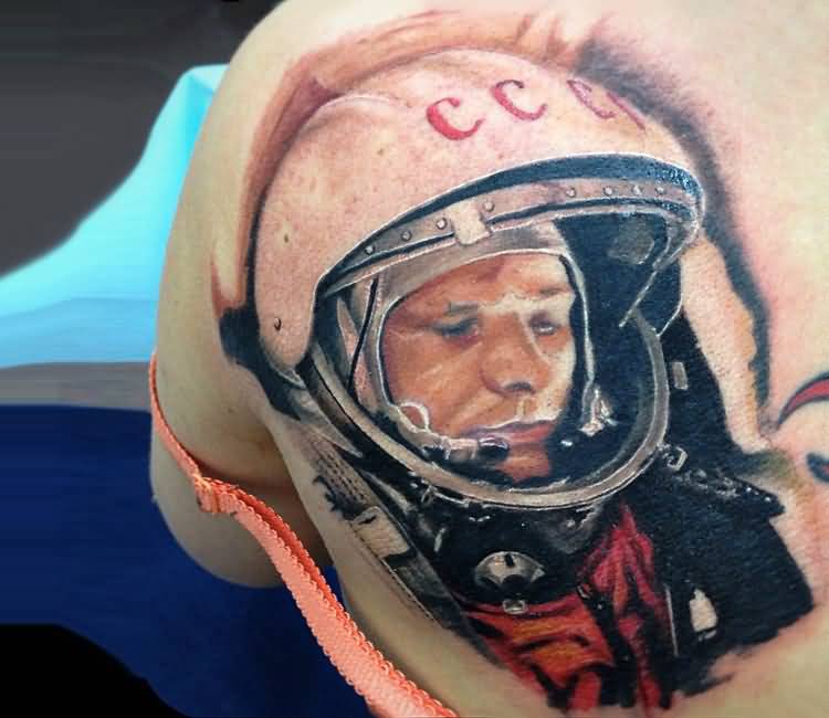 Left Back Shoulder Color Ink Astronaut Tattoo