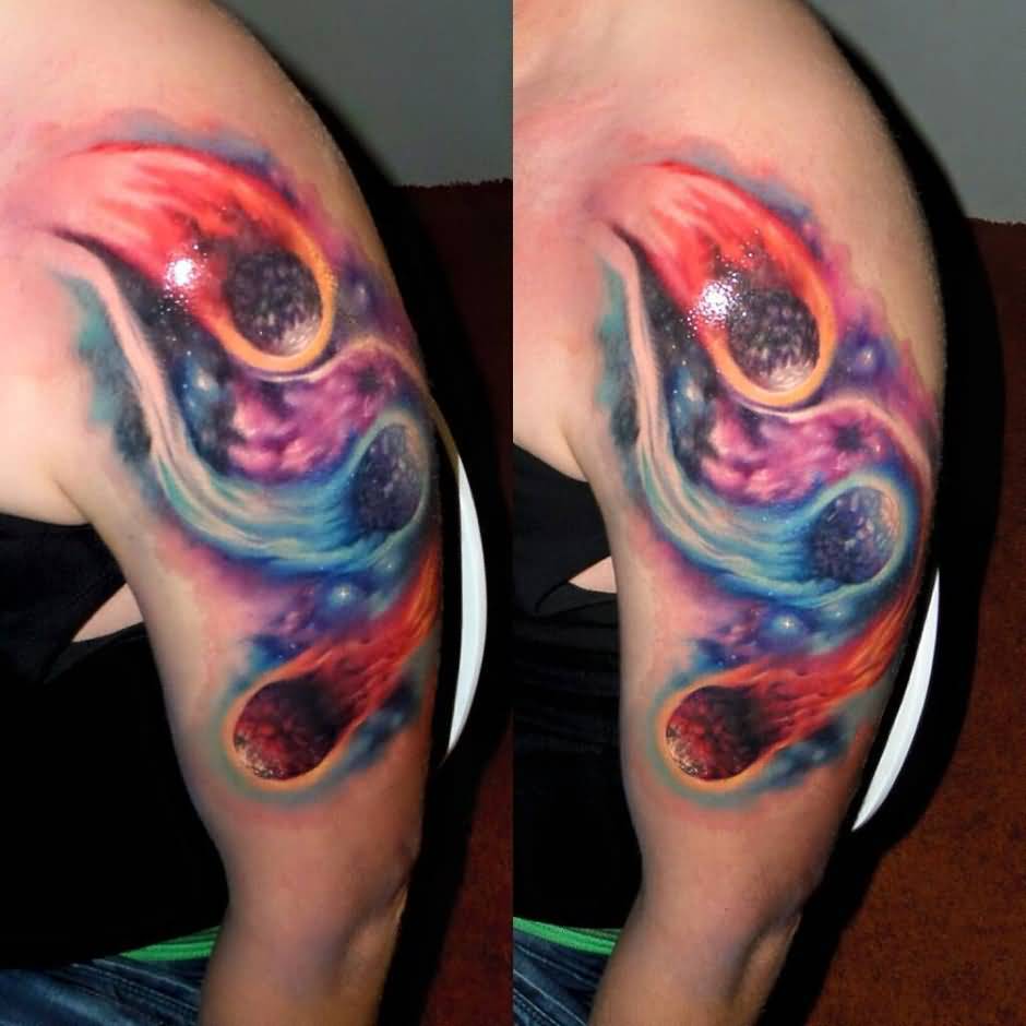 Left Bicep Color Ink Space Tattoo