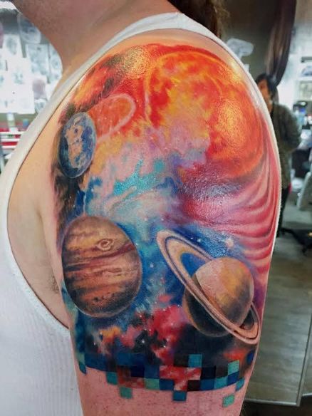 Left Shoulder Colored Space Tattoo For Men