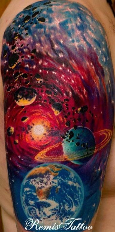 Man Left Half Sleeve Colored Space Tattoo