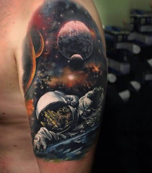 Man Left Half Sleeve Space Tattoo