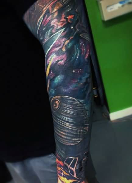 Man Left Sleeve Space Tattoo Idea