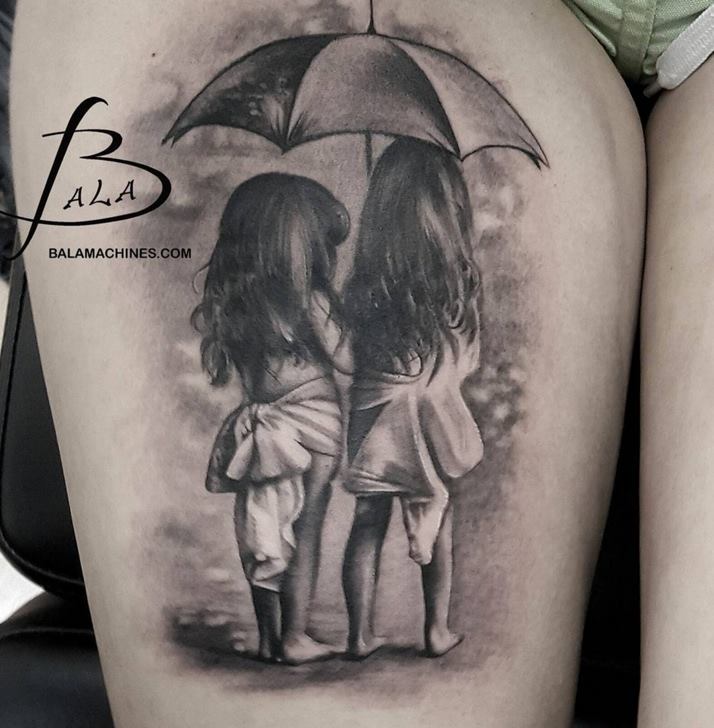 Realistic Grey Ink Little Girls Under Umbrella Tattoo On Thigh by Luke Sayer