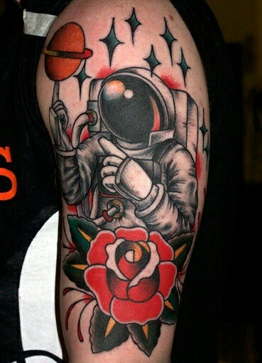 Red Rose And Astronaut Tattoo On Left Half Sleeve