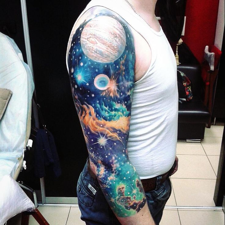 Right Sleeve Colored Space Tattoo For Men