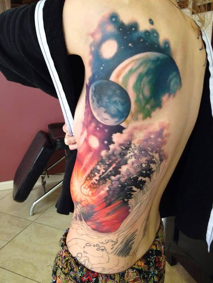 Side Rib Colored Space Tattoo