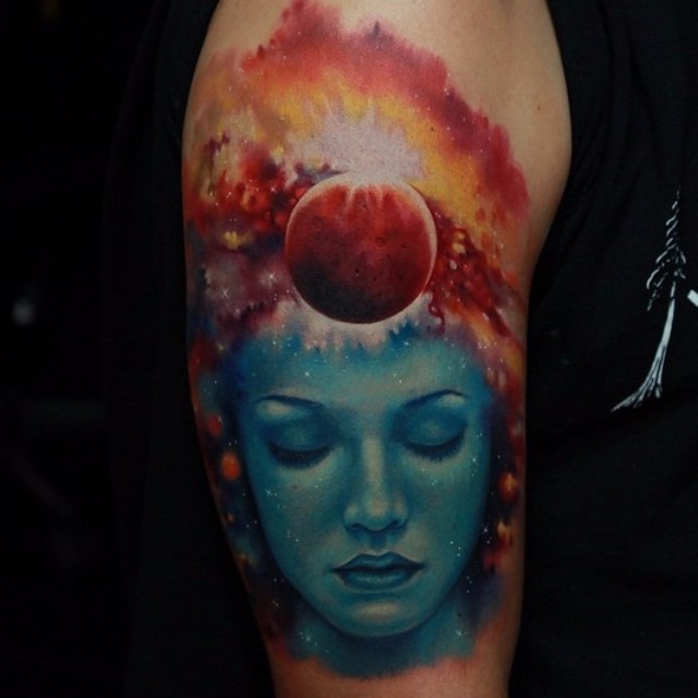 Space Tattoo In Right Bicep