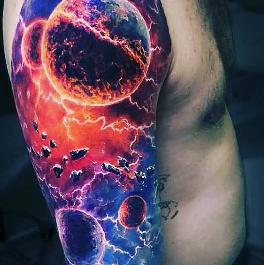 Space Tattoo On Man Right Half Sleeve