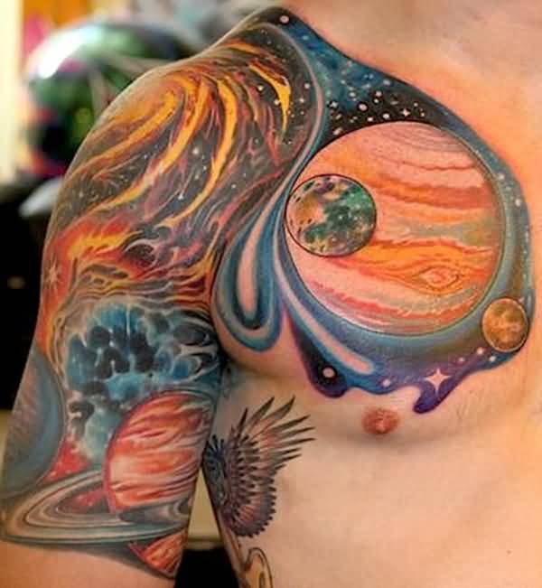 Space Tattoo On Right Half Sleeve And Man Chest