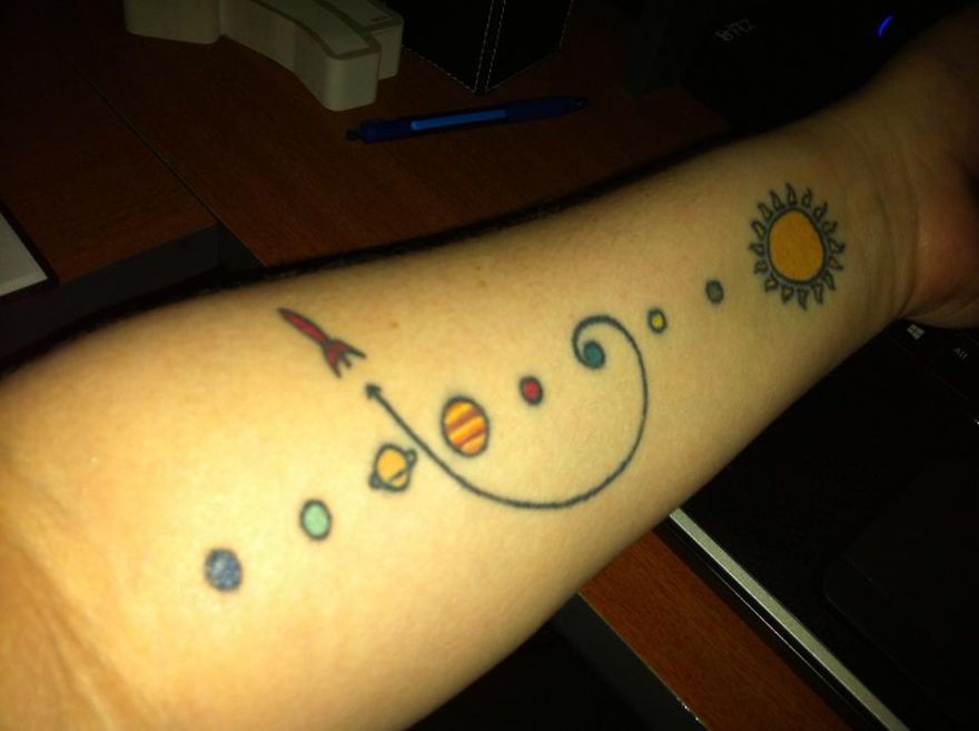 Sun With Planets Space Tattoo On Left Forearm
