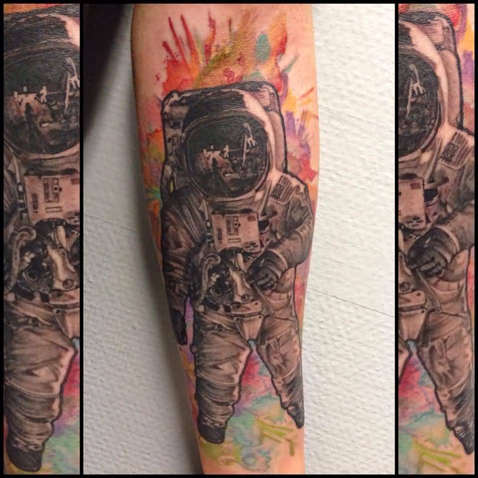 Watercolor Astronaut Tattoo On Forearm