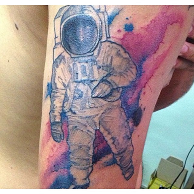 Watercolor Astronaut Tattoo On Half Sleeve