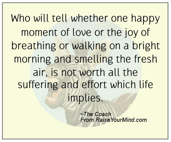 Who will tell whether one happy moment of love or the joy of breathing or walking on a bright morning and smelling the fresh air, is not worth all the suffering and effort which life implies.  - Erich Fromm