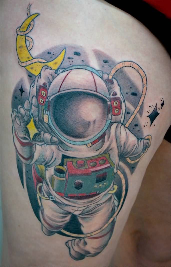 Yellow Moon And Astronaut Tattoo