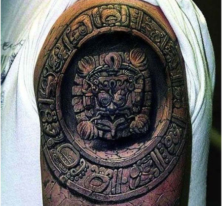 3D Mayan Tattoo On Left Shoulder