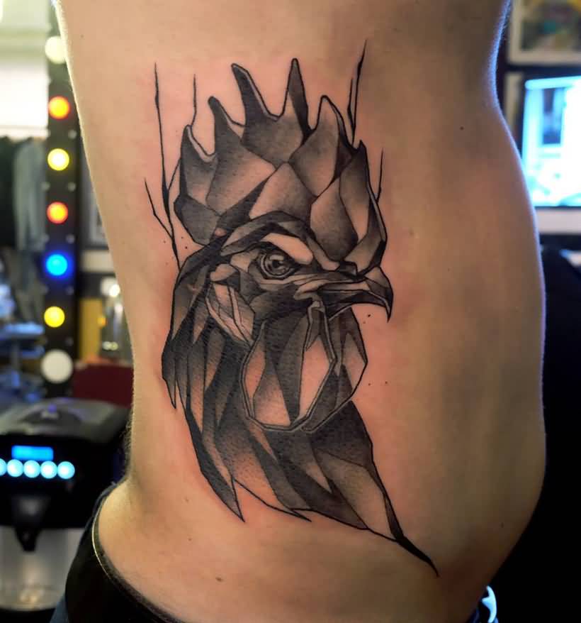 Abstract Rooster Tattoo On Man Side Rib