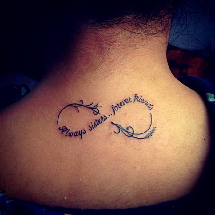 Always Sisters Forever Friends Infinity Tattoo On Girl Upper Back