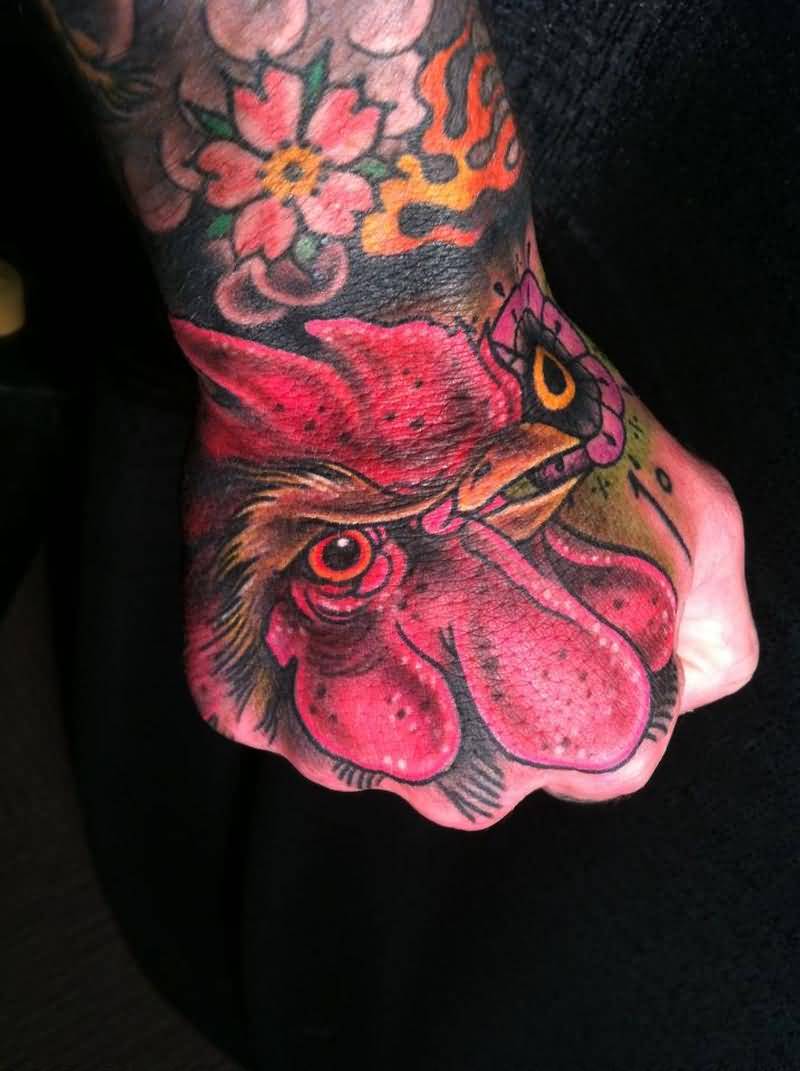 Amazing Color Rooster Tattoo On Right Hand