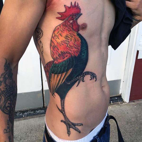 Amazing Rooster Tattoo On Man Side Rib