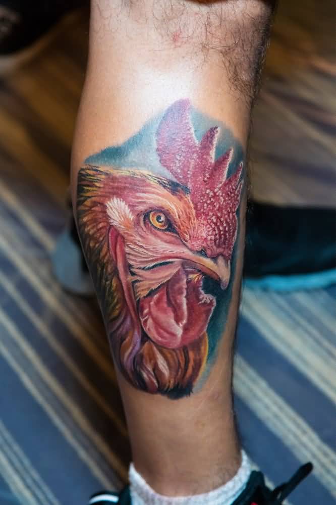 Amazing Rooster Tattoo On Side Leg