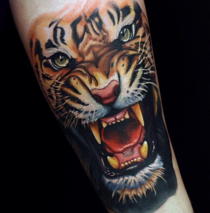 Angry Tiger Face Tattoos On Arm