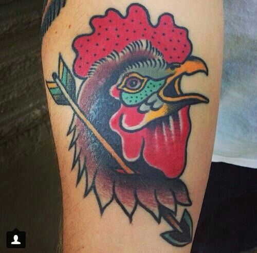 Arrow And Rooster Tattoo On Leg