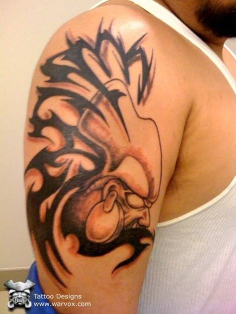 Aztec Grey Mayan Tattoo On Man Right Shoulder