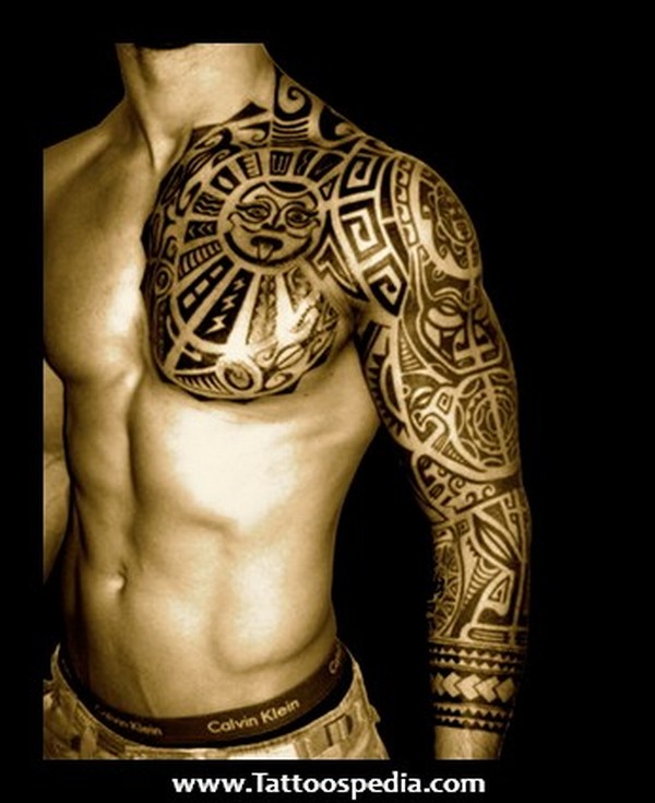 Aztec Sun Mayan Tattoo On Man Chest And Sleeve