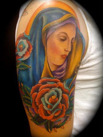 Beautiful Rose And Virgin Mary Tattoo On Right Half Sleeve