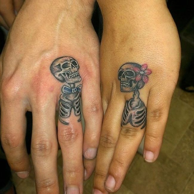 Beautiful Skeleton Couple Tattoos On Fingers